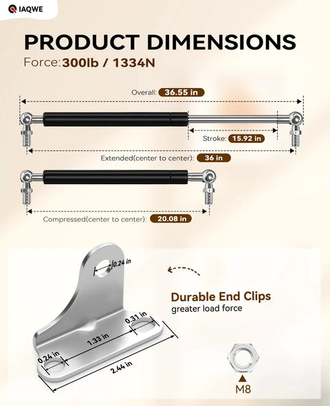 Heavy Duty Gas Struts Kit For Lids And Trunk Covers, 36 Inch 300 Lbs Lift, diagram showing dimensions and L mount brackets