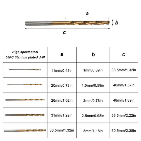 Diagram of 50PC titanium plated drill dimensions for 70 Pcs HSS Mini Twist Drill Bit Set Must Have 0.3mm To 3mm Micro Drill Bits