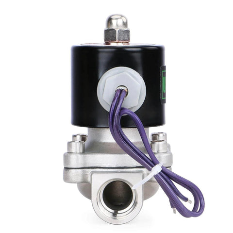 3/4 Inch Stainless Steel Electric Solenoid Valve 12V DC NC For Air Water Fuel With Viton Seals, front view showing wiring and connections