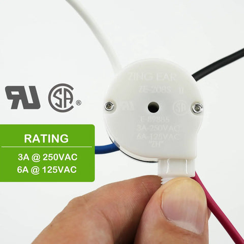 Close-up of a ceiling fan pull chain switch with three speeds and four preinstalled wires includes CBB61 capacitor set.