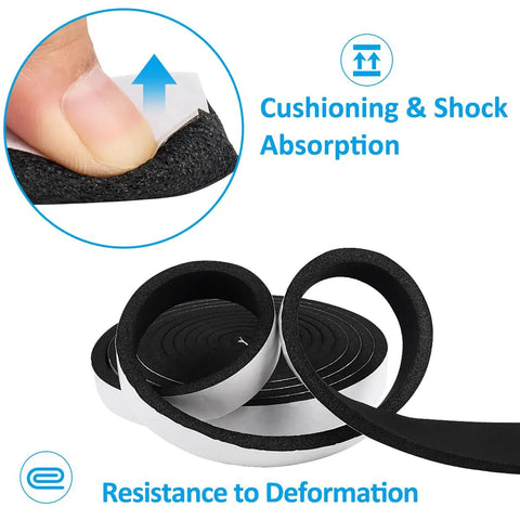 Heavy Duty CR Foam Weather Stripping Tape 2 Inch By 1/4 Inch X 13 Feet Roll showing cushioning effect and adhesive backing.