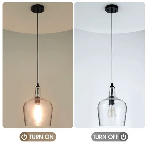 Modern Glass Pendant Light In Black One Light Dome Fixture For Kitchen Island And Dining Hallway, illuminated and unlit view