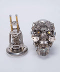 Dope 3D Metal Puzzle For Adults Mechanical Steampunk Skeleton Model Kit With 200+ Pieces, Durable Stainless Steel And Copper Parts, Desk Display Ornament, Compact Skeleton Sculpture For Office, Studio Or Gaming Room Decor. front and side views of a 3.3 x 2.8 x 6.5 in metal skeleton model