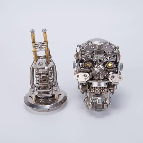 Dope 3D Metal Puzzle For Adults Mechanical Steampunk Skeleton Model Kit With 200+ Pieces, Durable Stainless Steel And Copper Parts, Desk Display Ornament, Compact Skeleton Sculpture For Office, Studio Or Gaming Room Decor. front and side views of a 3.3 x 2.8 x 6.5 in metal skeleton model