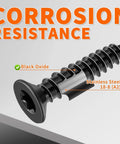 Top Shelf One Hundred Pack Six By Three Quarter Inch Flat Head Torx Star Drive Wood Screws Premium 18 8 Stainless Steel Black Coated Heavy Duty Fasteners Go To Hardware showing corrosion resistance and black oxide detail.