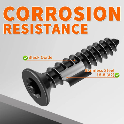 Top Shelf One Hundred Pack Six By Three Quarter Inch Flat Head Torx Star Drive Wood Screws Premium 18 8 Stainless Steel Black Coated Heavy Duty Fasteners Go To Hardware showing corrosion resistance and black oxide detail.