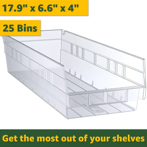 Heavy Duty Garage Storage Rack With 25 Slanted Clear Bins Built Like A Tank Rock Solid Steel Utility Shelf Supports Up To 600 Pounds, clear bins size 17.9" x 6.6" x 4".