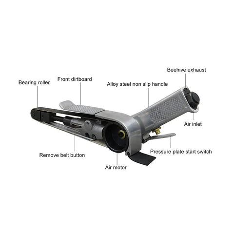 Kp 698 Pneumatic Air Belt Sander With Telescopic Switch, 2 Inch Ring Belt Sander showing components like alloy steel handle, air inlet.
