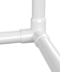 Close-up of DIY Ready 3 Way Elbow PVC Fitting for Furniture Grade Builds, extra deep sockets on all three 90 degree planes, white