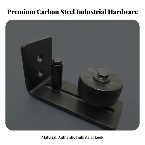 Heavy Duty Barn Door Floor Guide With Roller Adjustable Steel Track For Hella Smooth Sliding Action No Sweat Install Baseplate close-up view of the matte black steel roller