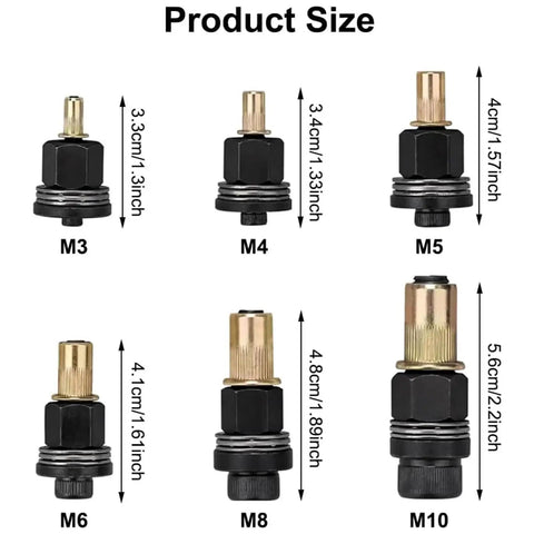 Heavy Duty Rivet Nut Tool Set M3 To M10 in Carbon Steel with dimensions for adapters shown