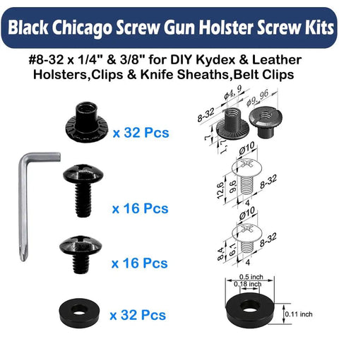 Solid Bang For Your Buck 96 Piece Black Chicago Screw Kit With 8 32 Thread Phillips Truss Screws Heavy Duty Slotted Insert Nuts Rubber Spacers, Kydex gear components.