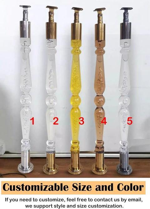 Premium Clear Acrylic Stair Spindles Deck Railing Kit With Slick Transparent Finish And Straight Up Easy Install Hardware For Modern Staircase Baluster Upgrade Kits in multiple colors.