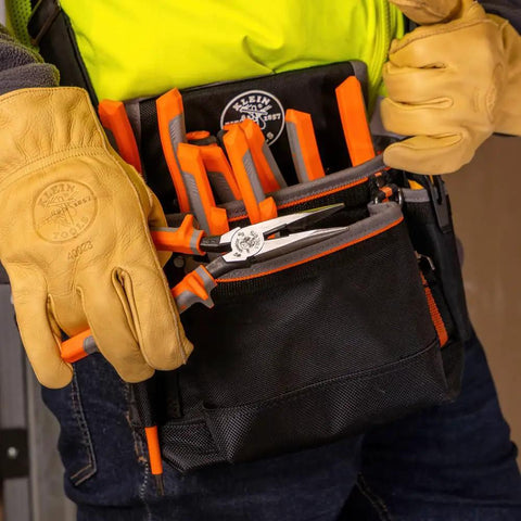 Job Site Ready Six Piece Insulated Electrical Tool Set Featuring Heavy Duty Knippers Long Nose Pliers Wire Stripper And Straight Shooter Screwdrivers held in a black tool pouch.