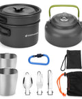 Lightweight Camping Cookware Mess Kit Gear With Pot, Pan, Kettle, Two Cups And Utensils For Backpacking, Hiking, And Picnics