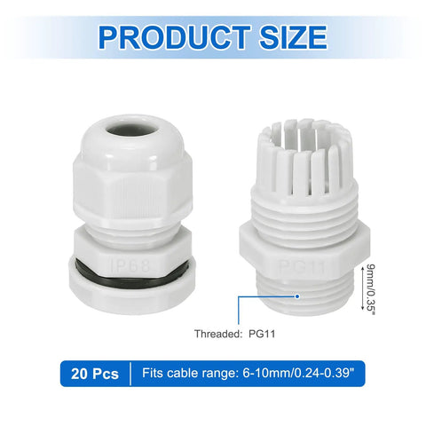 Adjustable PG11 Cable Glands 6 to 10mm PA6 Nylon IP68 Waterproof Connectors product size details, 20-piece set.