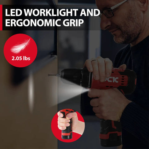 Man using Brushless Cordless Drill Kit With 12V Max Power, 310 In Lbs Torque, 2.0Ah Battery, ergonomic grip, LED worklight