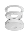 Top Shelf Hardwire Smoke Alarm With Battery Backup And Early Warning Chirp Total No Sweat Setup Three Pack Bundle, white unit with mounting ring.