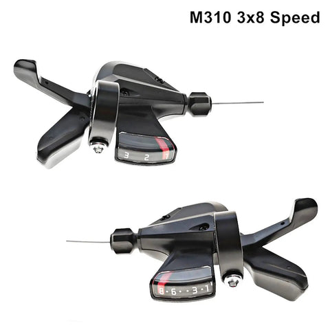 Two Pack SL M310 3x8 Speed Shifter Trigger Set With Cable for MTB Road City Bikes, showing dual shifters and gear display.