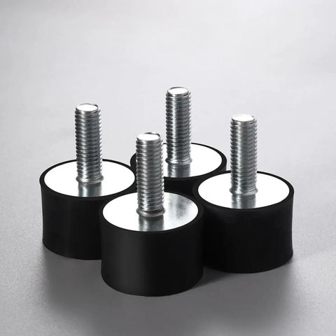 6 Pcs Rubber Isolator Shock Mounts For Fitness Equipment And Compressors Heavy Duty Black Damping Elements That Cut Vibration And Improve Stability For Gym Gear AC Units Pumps Engines And More four black rubber mounts with threaded studs