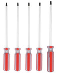 Built Dang Tough T15 T20 T25 T27 T30 Security Torx Screwdriver Set With Magnetic Star Bits For Laptop Repair Auto Jobs And Household Tasks Hella Durable Chrome Vanadium Steel Five Piece Pack featuring five long screwdrivers with red grips.