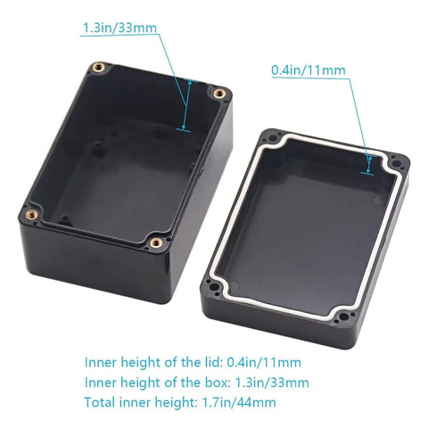 IP65 Waterproof Outdoor Junction Box Project Box Made From ABS Plastic Electrical Enclosure In Black Rugged Weatherproof And Dustproof For Harsh Environments 3.94 By 2.68 By 1.97 Inches Pack Of 2 open view with measurements