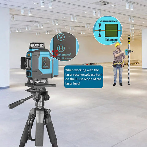 Laser Level Receiver For Red And Green Pulsed Beams With Three Sided Smart LED Displays in use on job site with tripod, worker shown.