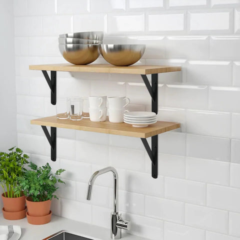 Wall-mounted floating shelves with 12 Pack Heavy Duty L Shaped Shelf Brackets 12 Inch Long Black With Screws For 12 To 16 Inch Deep Shelves