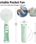 Portable Handheld Fan With Built In Power Bank And Flashlight USB C Rechargeable Mini Pocket Fan Delivers Up To 26 Hours Of Breeze, Compact Travel Companion For Outdoor Use And Everyday Cooling Green, shown with measurements and in bag.