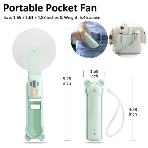 Portable Handheld Fan With Built In Power Bank And Flashlight USB C Rechargeable Mini Pocket Fan Delivers Up To 26 Hours Of Breeze, Compact Travel Companion For Outdoor Use And Everyday Cooling Green, shown with measurements and in bag.