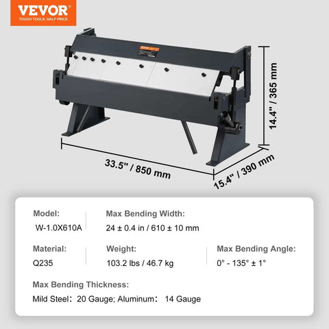 Box And Pan Brake 24 Inch Portable Metal Bender With 0 To 135 Degree Bending Handles in Q235 steel, dimensions and specifications shown.