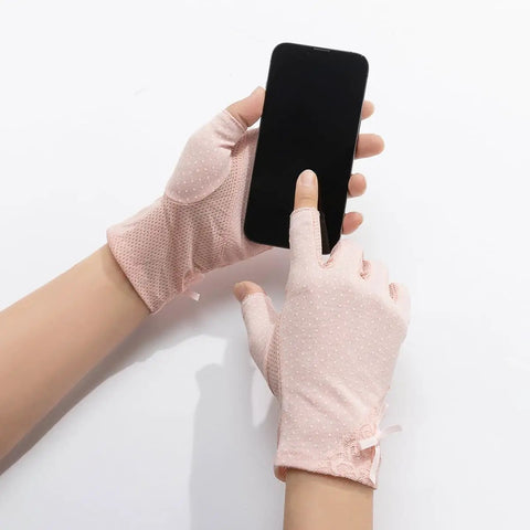 Pink Ice Silk Fingerless Gloves For Summer Outdoor Sports With UV Sun Protection And SPF Touchscreen Compatible Lace Design