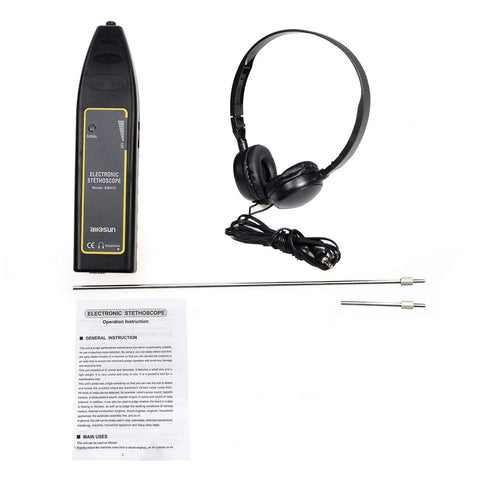 Ultrasonic Leak Detector And Industrial Stethoscope with earphones, long and short probes, instruction manual, and carry bag.
