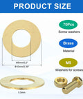 Brass Flat Washers Set, 70 Pack M5 Brass Washers 5mm ID X 10mm OD X 0.5mm Thick, product size diagram with bolt and nut