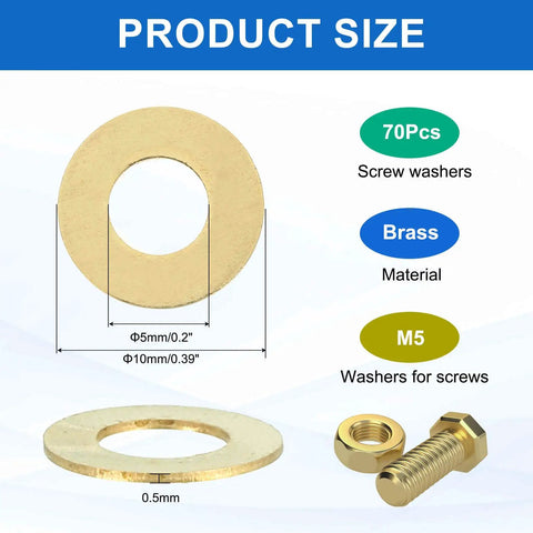 Brass Flat Washers Set, 70 Pack M5 Brass Washers 5mm ID X 10mm OD X 0.5mm Thick, product size diagram with bolt and nut