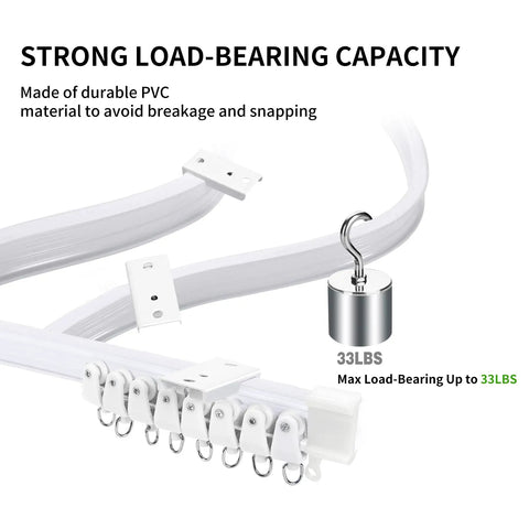 Flexible Bendable Ceiling Curtain Track Kit 9.8 Ft White With 26 Rollers 9 Brackets End Covers Hooks Drywall Anchors And Screws For Easy Install Ideal For Living Rooms Bedrooms And Home Theaters. white PVC ceiling track with rollers, brackets, and 33 lb load capacity