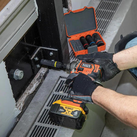 Person using 2 In 1 Impact Socket Set With One Half Inch Drive, 5 Piece Deep Twelve Point Sockets In Dual Sizes For Quick Swaps