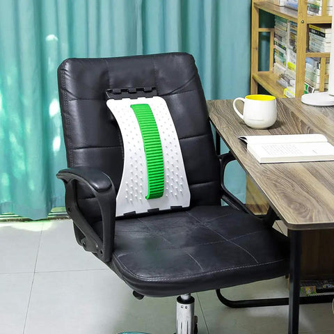 Get That Bad Back Feeling Gone With Emoly Back Stretcher Device For Upper And Lower Pain Relief Plus Lumbar Support Posture Corrector For Office Chair on black chair.