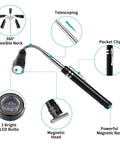 Close-up of magnetic flashlight with flexible neck and LED bulbs from 3 Pack Telescoping Inspection Mirrors With LED Light.