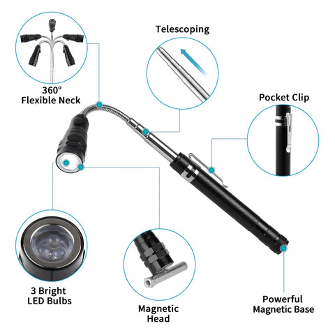 Close-up of magnetic flashlight with flexible neck and LED bulbs from 3 Pack Telescoping Inspection Mirrors With LED Light.