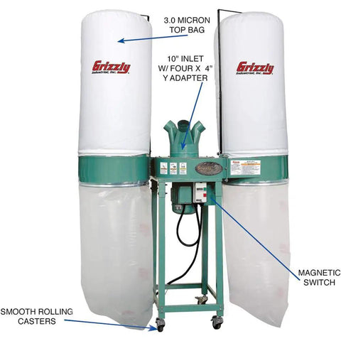 Pro Grade Beast Mode 4 HP Dust Collector Kicking Out 3552 CFM Straight Through The 10 Inch Port with dual 3 micron bags.