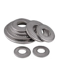 3 Pack M14 X 30 Belleville Washers Stainless Steel 304 Conical Disc Spring Cup Washers Heavy Duty Industrial Grade Fasteners For Automotive And Machinery 14mm ID 30mm OD 2.4mm To 3.7mm Thick. 304 stainless steel washers, angled view