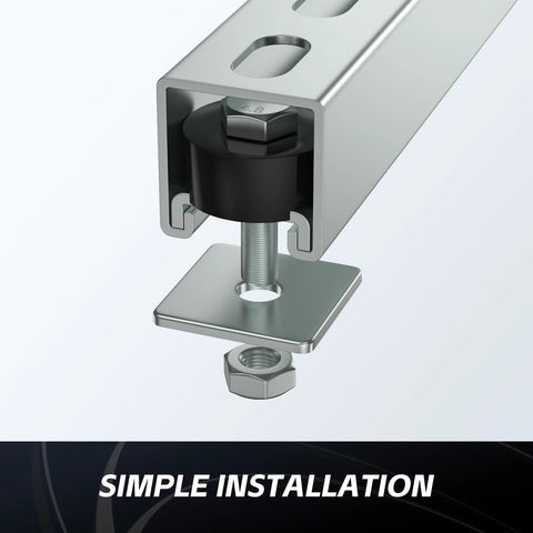 Close-up of a trolley roller limit mounted on a Unistrut strut channel with simple installation, featuring 1-5/8 inch size and safety features.