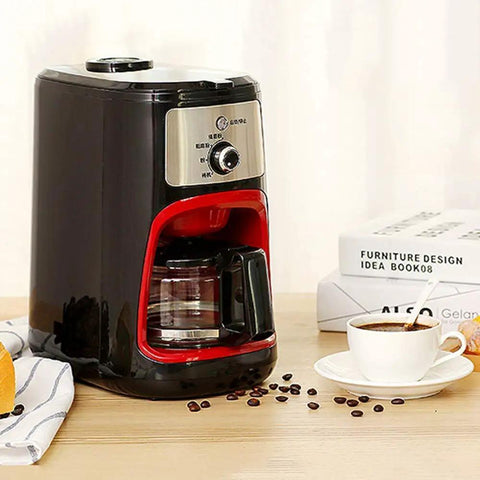 Bean To Cup Coffee Maker Featuring Built In Grinder And 600Ml Glass Carafe with black and red design on kitchen counter