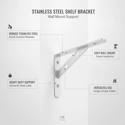 Heavy Duty Stainless Steel Shelf Bracket Wall Mount Built To Last For Garage Kitchen And Bath Storage Secure Stud Mount Level Shelving Support One Pack