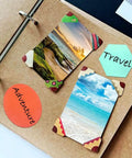 Scrapbook page with travel-themed photos and paper embellishments made with Six Piece Cutting Dies Set For Card Making And Scrapbooking Includes Rectangle Circle Triangle Square Oval And Hexagon Dies For DIY Embellishments Albums And Paper Crafts Premium Carbon Steel Metal Cutters.