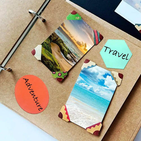 Scrapbook page with travel-themed photos and paper embellishments made with Six Piece Cutting Dies Set For Card Making And Scrapbooking Includes Rectangle Circle Triangle Square Oval And Hexagon Dies For DIY Embellishments Albums And Paper Crafts Premium Carbon Steel Metal Cutters.