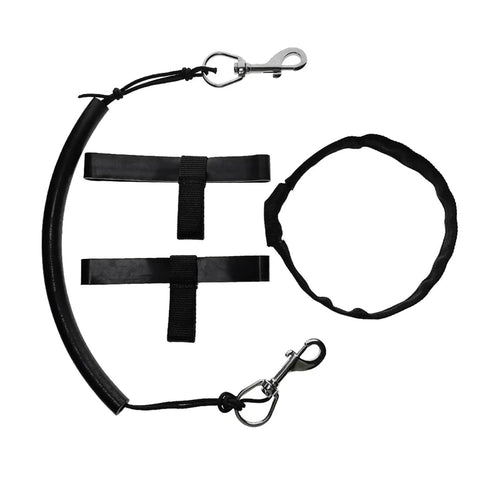 Components of Two Pack Scuba Stage Bottle Rigging Kit for 11-12L Tanks shown with sidemount straps and stainless steel clips.
