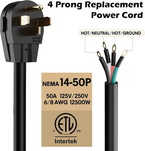 Tough As Nails 50 Amp Range Power Cord 10 Foot Extension Cable Featuring Molded Ring Terminals For Rv Tesla Ev Charger Generator Dryer And Workshop Gear No Fuss Setup, NEMA 14-50 prong with color-coded wires.