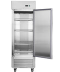 Heavy Duty Double Door Commercial Fridge with stainless steel finish, open door, and empty shelves for bars and restaurants.